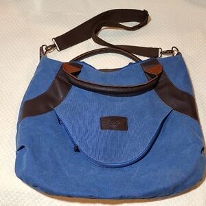 K2 Hobo Bag Blue Canvas With Brown Leather Trim and Crossbody Strap. Large